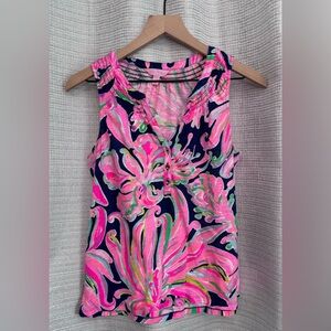 Lilly Pulitzer Essie Tank Top Small Navy Pink Green Floral 100% Cotton